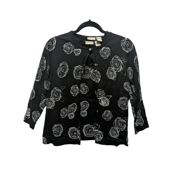 Field gear Women 2 Piece Black and White Rose Floral Pattern Button Up Sweater a - Picture 1 of 13